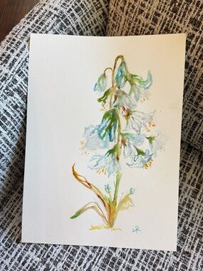 Hand-Painted Floral Watercolor Print in White and Green with Gold Accents
